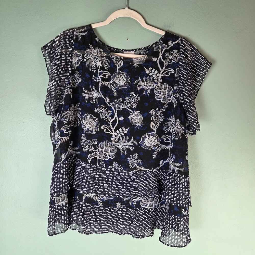 Cabi Women's Hybrid Blouse Floral Ruffle Blue Black Size XL Career Work Office
